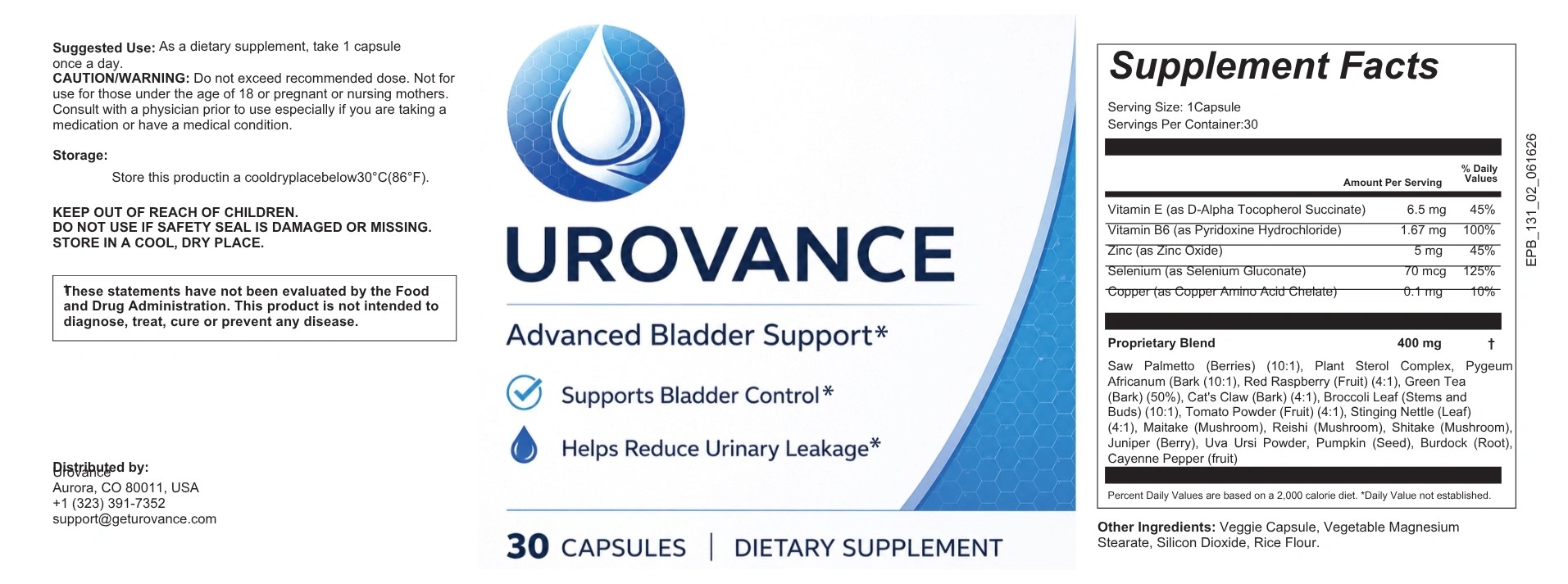 Urovance supplement facts ingredient label full panel USA